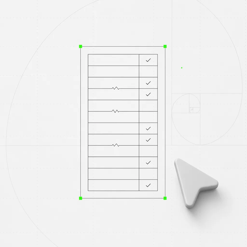Una matriz de lista de comprobación donde algunas filas pasan y unas pocas muestran una marca de fallo, seleccionada en un marco verde sobre un fondo editorial casi blanco