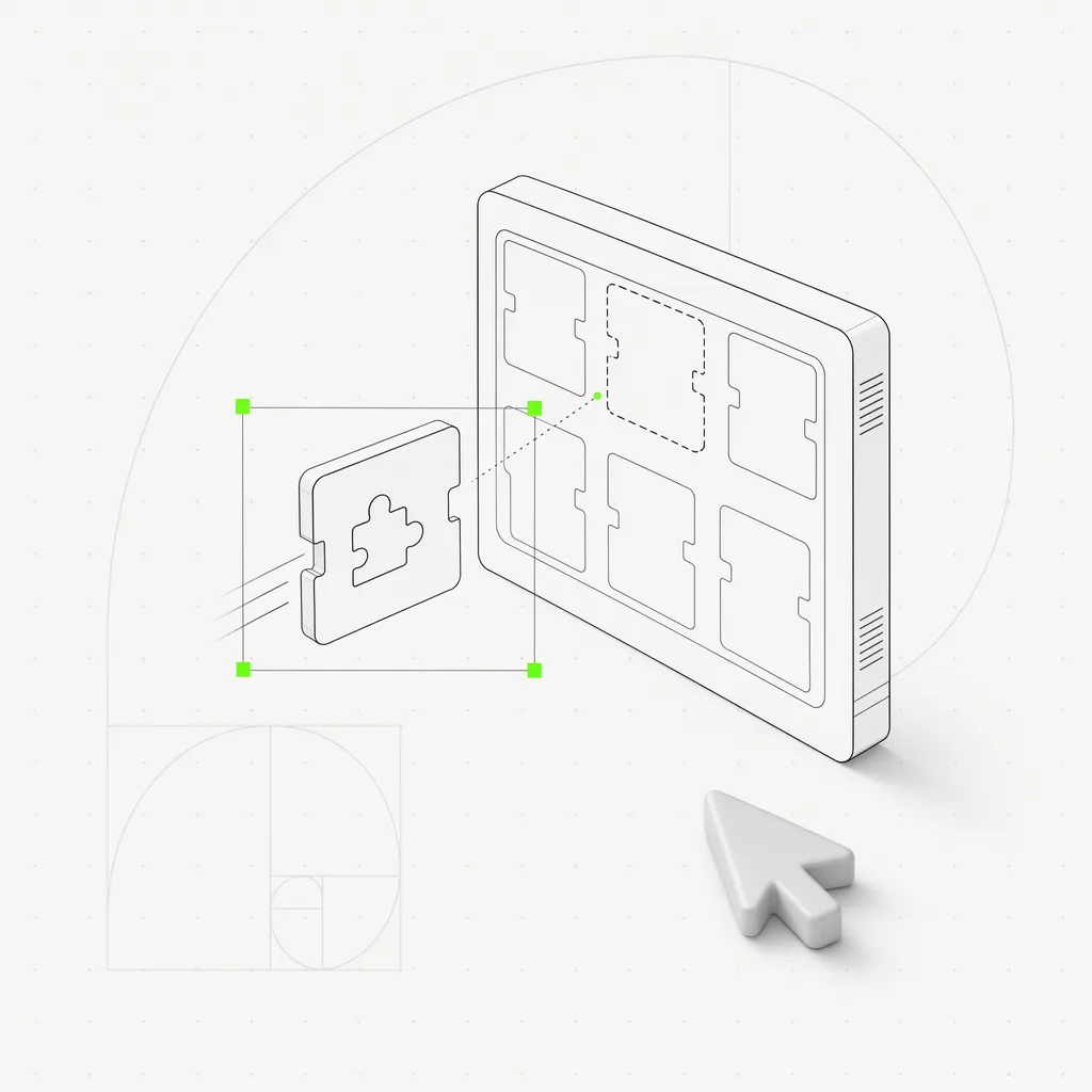 A single plugin tile sliding into a docking slot on an engine module, selected in a green frame on a near-white editorial ground