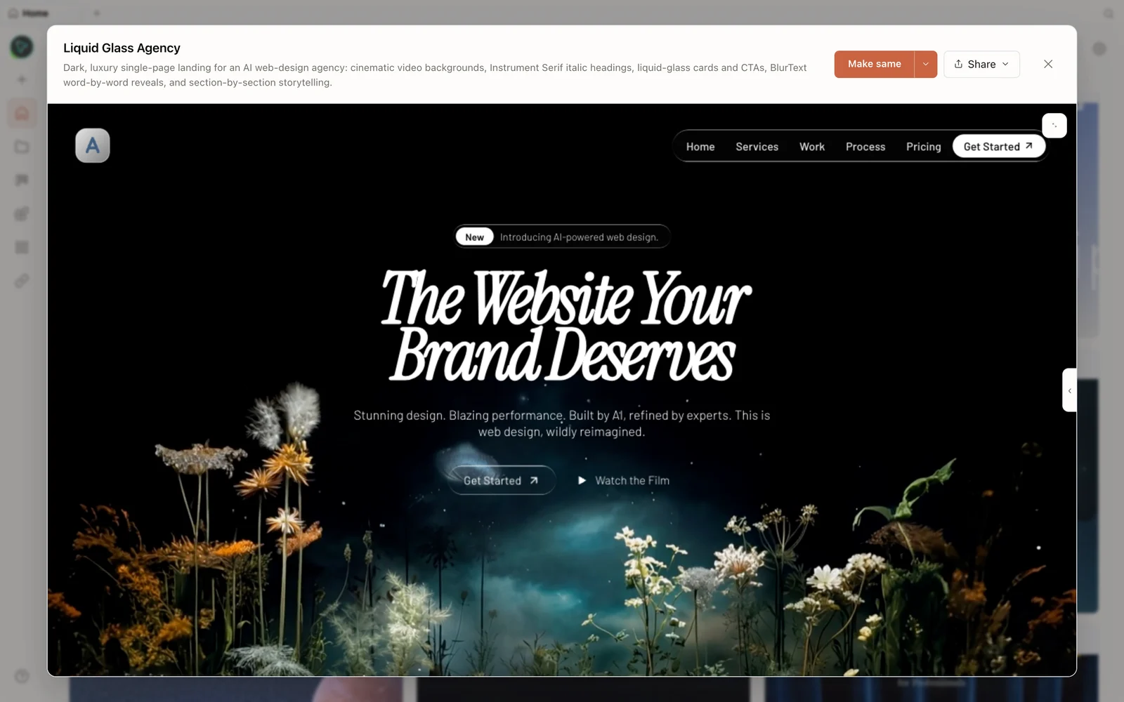Una landing page generada, previsualizada en Open Design.